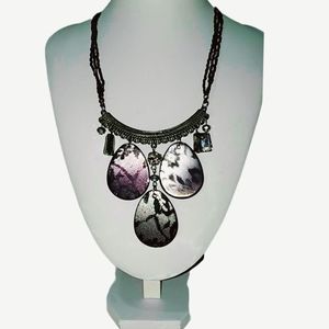 Black Purple Necklace with Big Iridescent Flat Teardrops